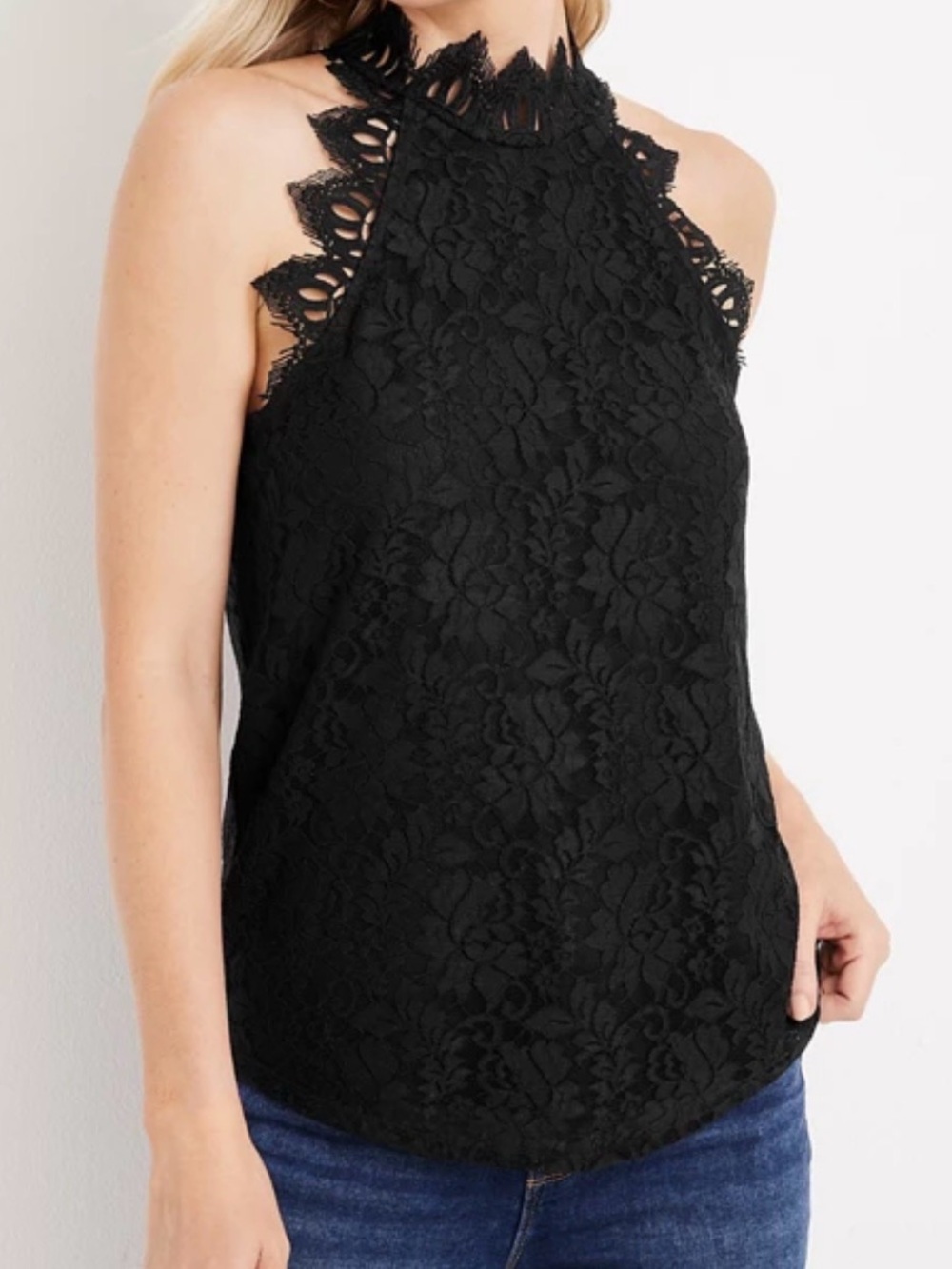 Maurices Black Floral Lace High-Neck Halter Camisole Top